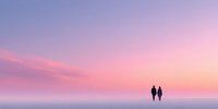 Couple walking together on endless white surface under dreamy pink purple sunset sky creating romantic minimalist scene for love and relationship concepts.
