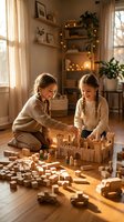 Two young girls playing with wooden building blocks in cozy living room with warm lighting and fairy lights creating magical atmosphere for family bonding time.