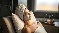 Young woman relaxing with white facial mask and towel on head in modern bathroom during spa treatment at home for skincare routine.