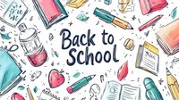 Colorful hand drawn school supplies pattern with books, pencils, apple, and thermos in watercolor style on white background. Back to school lettering design.