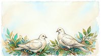 Two white doves perched among green foliage and golden branches, symbolizing peace, love, and harmony. Watercolor illustration suitable for wedding invitations, greeting cards, and peaceful home decor.