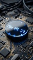 Futuristic smart home control device with illuminated icons displayed on circular glass interface mounted on circuit board with gold pathways and cables.