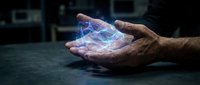 Elderly hands cupping glowing holographic network connections representing digital technology, innovation and futuristic communication concepts.