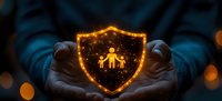 Glowing golden shield with family icon held in hands against dark background, symbolizing protection, security and care for loved ones. Concept of insurance and safety.