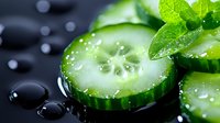 Fresh cucumber slices with water drops and green mint leaves on dark background, macro shot. Healthy eating and spa concept for wellness and skincare.