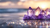 Glowing purple amethyst crystal cluster on reflective surface with magical bokeh lights and dreamy sunset atmosphere in background, spiritual healing concept.