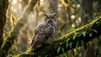 Majestic owl perched on moss-covered branch in enchanted forest with golden sunlight filtering through trees creating magical woodland atmosphere.