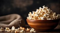 Fresh popcorn in wooden bowl on dark rustic background with scattered kernels, dramatic lighting creates cozy movie night atmosphere.