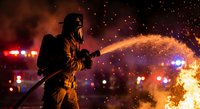 Firefighter in protective gear battles intense blaze with water hose as sparks fly through smoky night air during emergency response operation.