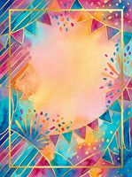 Colorful watercolor celebration frame with bunting flags, confetti, and geometric patterns in vibrant rainbow hues. Gold border and pastel center space ideal for party invitations, greeting cards, and festive designs.