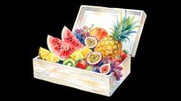 Watercolor wooden crate filled with tropical fruits, isolated on transparent background. Great for stickers, print on demand, T-shirt design, and clipart projects.