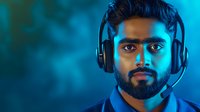 Young South Asian male professional gamer wearing headphones in neon blue lighting, with confident expression and well-groomed beard, looking directly at camera against dark background.