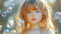 Young blonde girl with blue eyes gazing dreamily at soap bubbles floating in golden sunlight, soft bokeh background creates magical childhood moment. Gentle backlit portrait.