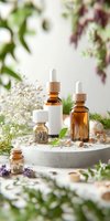 Essential oil bottles and dried herbs on white podium with fresh flowers and green leaves, natural wellness and aromatherapy concept for spa and beauty.