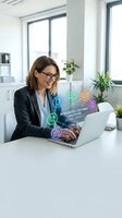 Professional businesswoman using laptop with digital customer service icons in modern office workspace for technology solutions.