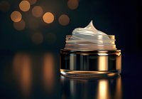 Luxury cosmetic cream jar with white moisturizer on dark background with golden bokeh lights, elegant skincare product photography for beauty industry.