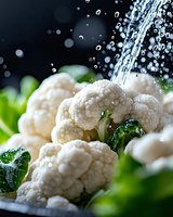 Fresh cauliflower and broccoli florets with water splash and droplets on dark background, macro food photography for healthy eating and cooking concepts.