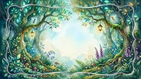 Enchanted forest watercolor scene with glowing lanterns, twisted trees, lush greenery, and magical atmosphere, perfect for fantasy backgrounds and greeting cards.
