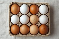 Fresh brown and white chicken eggs arranged in cardboard container on light linen tablecloth background, top view of organic farm produce.