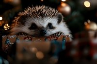 Adorable hedgehog peeking from festive gift box with Christmas lights bokeh background creating magical holiday atmosphere for seasonal greeting cards.