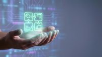 Digital application icons glowing in neon green light above an open hand against a blurred tech background, representing software development and mobile app creation.