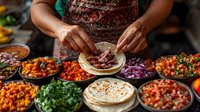 Hispanic woman preparing traditional street tacos with variety of fresh colorful toppings including pico de gallo, red cabbage, cilantro and roasted meat on corn tortillas.