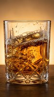 Crystal cut whiskey glass with amber liquid and ice cubes on wooden surface against warm golden background for luxury beverage advertising.