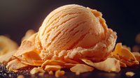Creamy orange sherbet scoop on scattered almond slices and crushed nuts against dark background, soft focus food photography with warm lighting and rich texture.