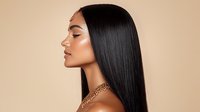 Young Asian woman with long straight black hair and glowing skin in profile view against beige background, wearing gold chain necklace, showcasing beauty and glamour.