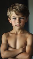 Close-up portrait of a young Caucasian boy with blonde hair and blue eyes against dark background, arms crossed, showing confidence and determination.