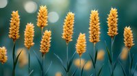 Golden wheat spikes against blurred turquoise background with bokeh lights create dreamy agricultural landscape, suitable for harvest season designs.