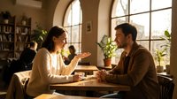 Young diverse couple having intimate conversation at wooden table in cozy cafe with large windows and warm natural lighting during daytime.