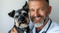 Smiling middle-aged Caucasian male veterinarian with gray beard holding small schnauzer dog in clinic. Professional pet healthcare and animal medicine concept.