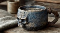Steaming hot beverage in rustic ceramic skull mug with textured surface and rope handle on wooden table, perfect for Halloween decor.