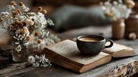 Cozy autumn morning scene with steaming coffee cup on open book, dried flowers in rustic vase on wooden table creating warm atmospheric reading moment.