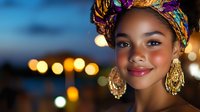 Young African woman wearing colorful traditional headwrap and gold statement earrings smiles warmly against evening bokeh lights background, radiating confidence and joy.