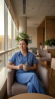 Female healthcare worker in blue scrubs relaxing with coffee in modern hospital lounge during break time.
