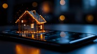 Glowing miniature house with Christmas lights emerging from smartphone screen, creating magical holiday atmosphere with bokeh effect and reflective surface.