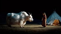 Indigenous woman in traditional clothing standing near yak and teepee tent against dark background, dramatic lighting highlighting cultural connection.