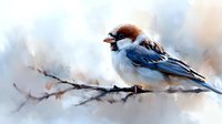 Small songbird with brown and blue plumage perched on a branch, rendered in soft watercolor style for nature, wildlife, and artistic design projects.