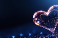 Glowing heart shape with sparkles and bokeh effects on dark blue background creates romantic atmosphere for Valentine's Day designs and love concepts.