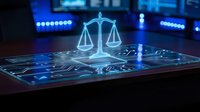 Digital justice scales hologram on tablet screen with blue technology background for legal tech and law firm applications.