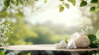 Serene spa composition with rose quartz crystals and delicate white flowers on wooden surface against soft natural bokeh background with green leaves.