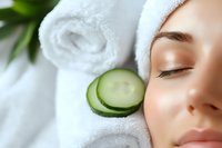 Young Caucasian woman relaxing during spa facial treatment with fresh cucumber slices on white towel, eyes closed in peaceful wellness setting.
