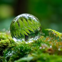Crystal glass ball on moss reflects green fern leaf in magical forest setting with morning dew drops creating natural lens effect and bokeh background.