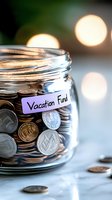 Glass jar filled with coins labeled as vacation fund against soft bokeh lights, representing savings goals and financial planning for travel.