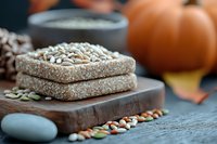 Raw pumpkin seeds on homemade protein bars with coconut coating on rustic wooden board. Healthy snack with autumn pumpkin in background.