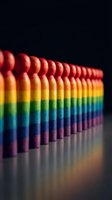 Colorful rainbow domino pieces arranged in row on dark background representing diversity, unity, chain reaction and sequential progression concepts.
