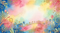 Colorful watercolor background with decorative floral ornaments, swirling ribbons, and floating balloons in pastel pink, yellow, blue, and green tones. Suitable for greeting cards, invitations, and festive designs.