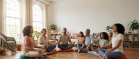 Diverse group of adults sitting in circle on wooden floor during indoor yoga or meditation class with natural light from windows and potted plants in background.